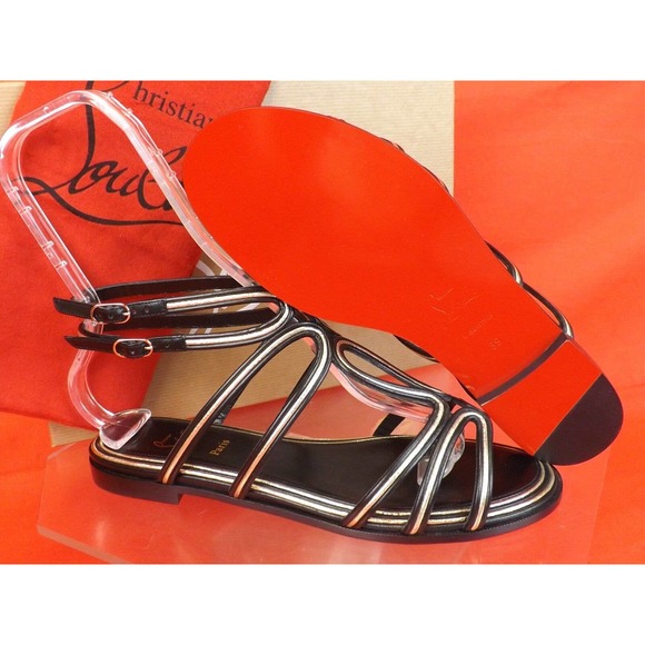 NIB LOUBOUTIN ZENOSANDY BLACK LEATHER CAGED BUCKLES FLATS GLADIATOR SANDALS 38.5 - Picture 4 of 12
